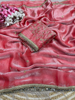 Load image into Gallery viewer, Satina Silk Saree x Embroidery blouse x Mirror Lace : Coral Pink
