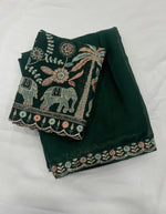 Load image into Gallery viewer, Georgette Saree x Floral x Elephant Sequins Blouse: Dark Green
