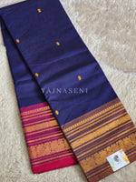 Load image into Gallery viewer, Kanchi Cotton Saree x Ganga-Jamuna Border : Dark Blue x Mulberry x Brown
