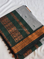 Load image into Gallery viewer, Kalyani Cotton Saree - Copper Zari: Grey x Dark Green
