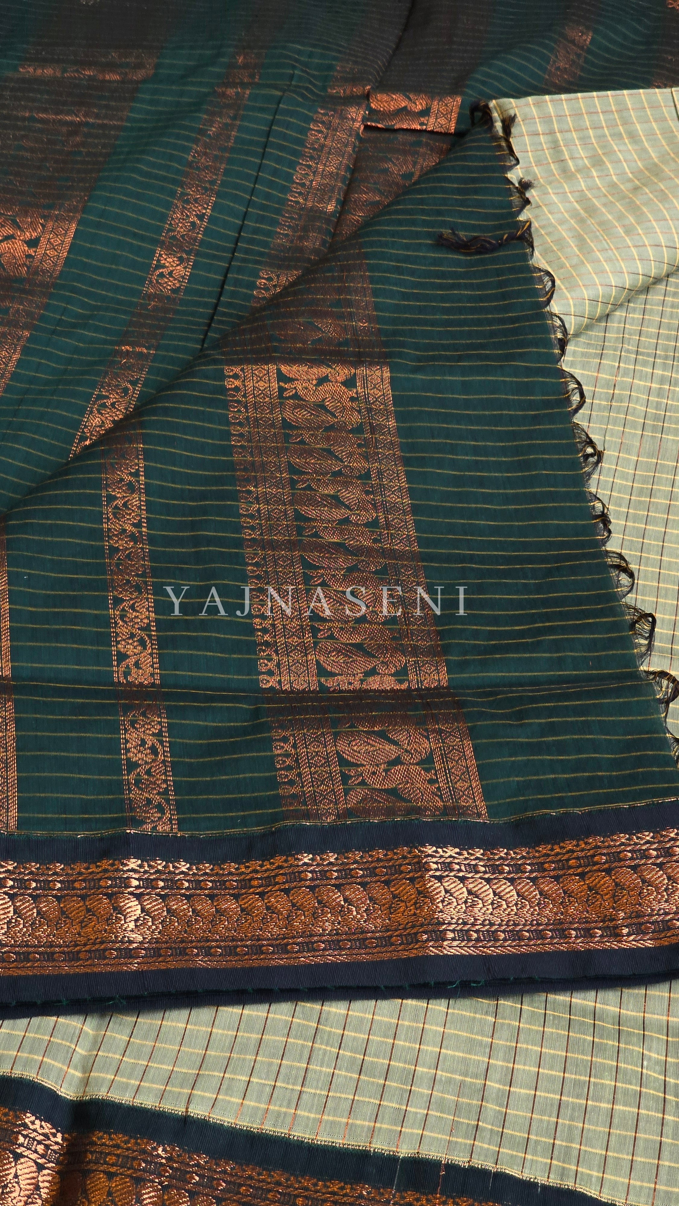 Kalyani Cotton Saree (checkered) - Copper Zari : Light Sage x Dark Green