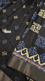 Load image into Gallery viewer, Soft Slub Silk Saree x Batik Prints - Black x Blue
