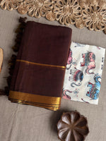 Load image into Gallery viewer, Mul Cotton Tassel Saree x Elephant Blouse : Brown
