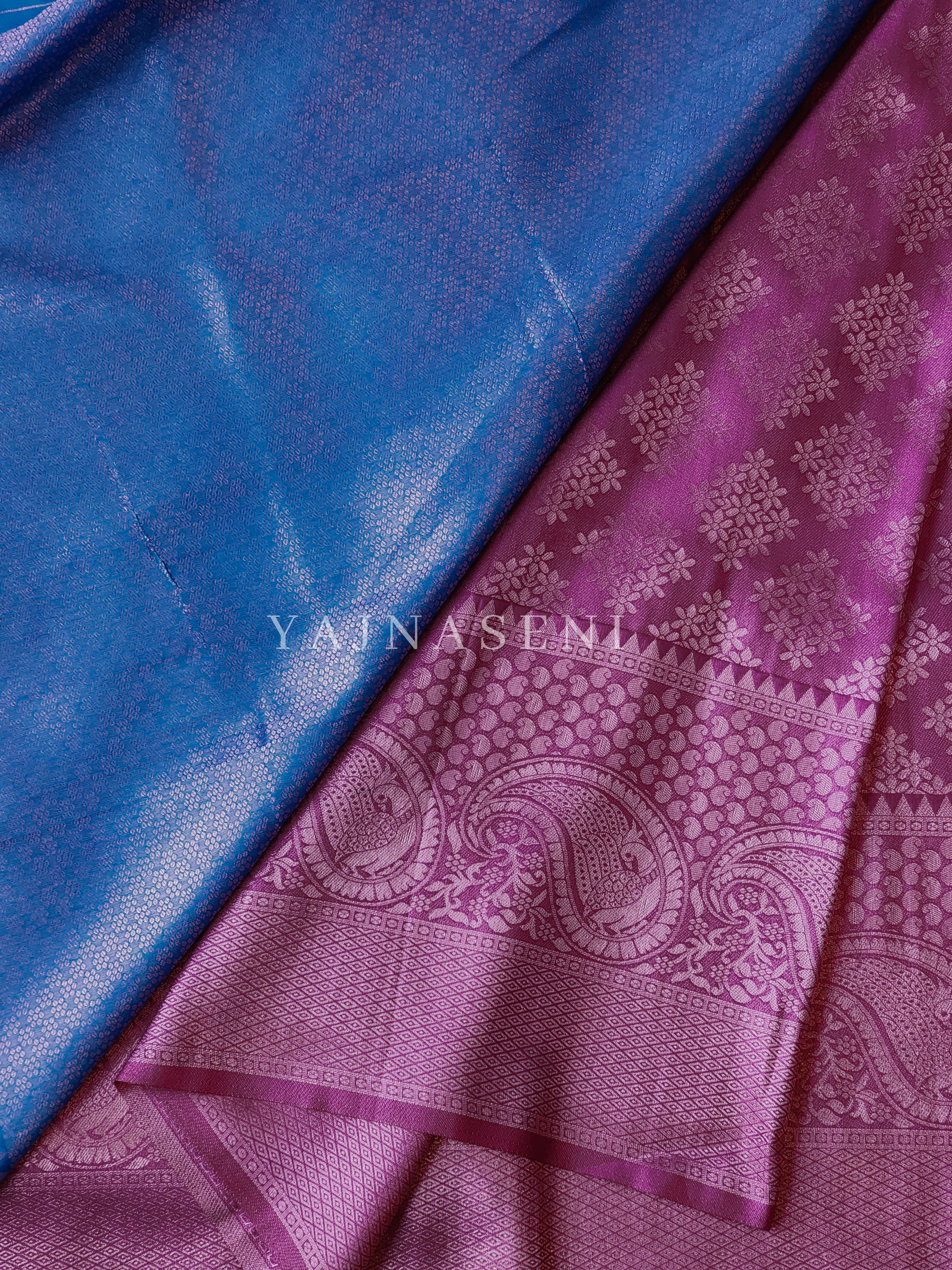 Soft silk banarasi x Rosegold zari Saree - Plum x Blue