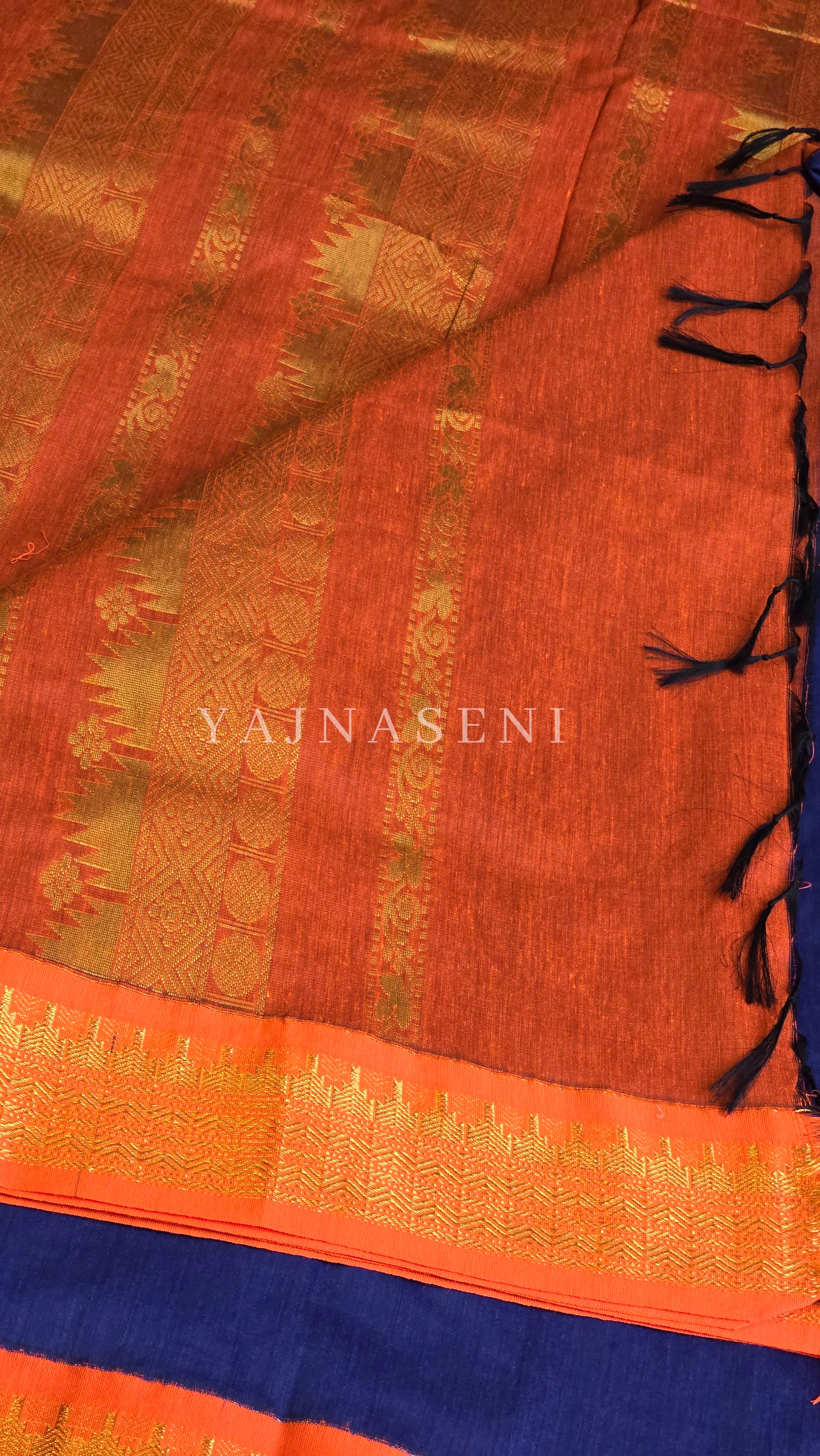 Kalyani Cotton Saree - Gold Zari : Blue x Orange x Bright Orange