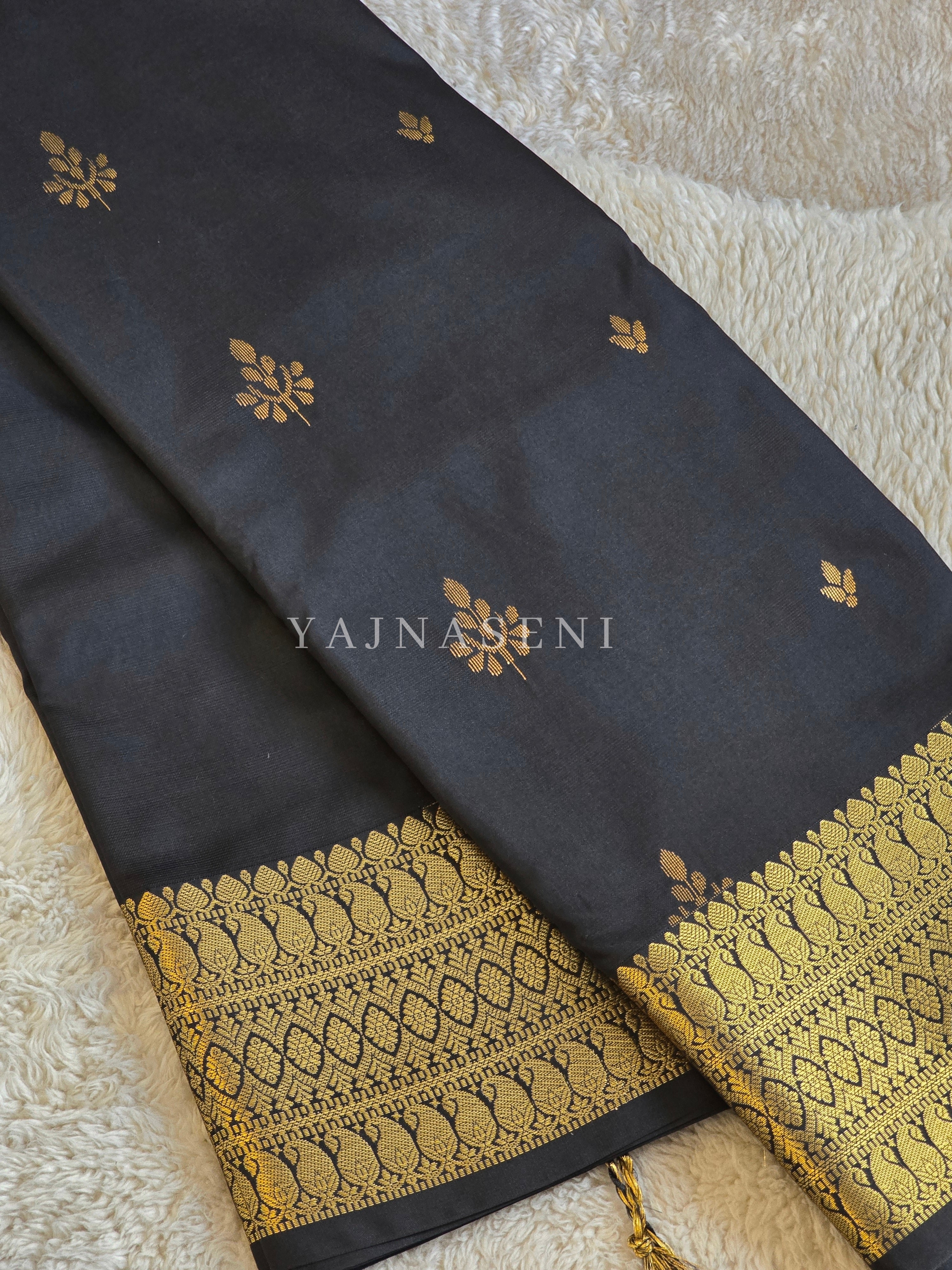 Dainty Motifs x Semi Soft Silk Saree - Black