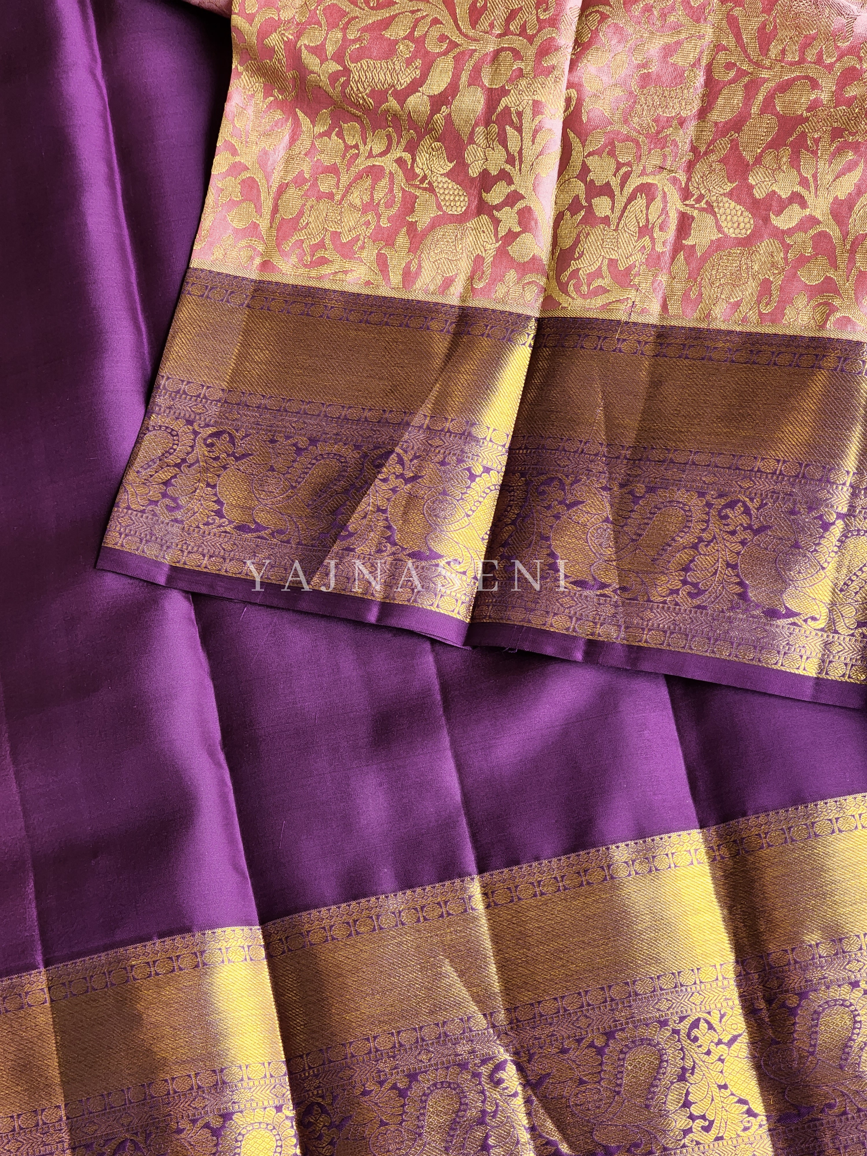 Glory of the Forest (pink) - Pure Kanjivaram Silk Saree with Gold Zari