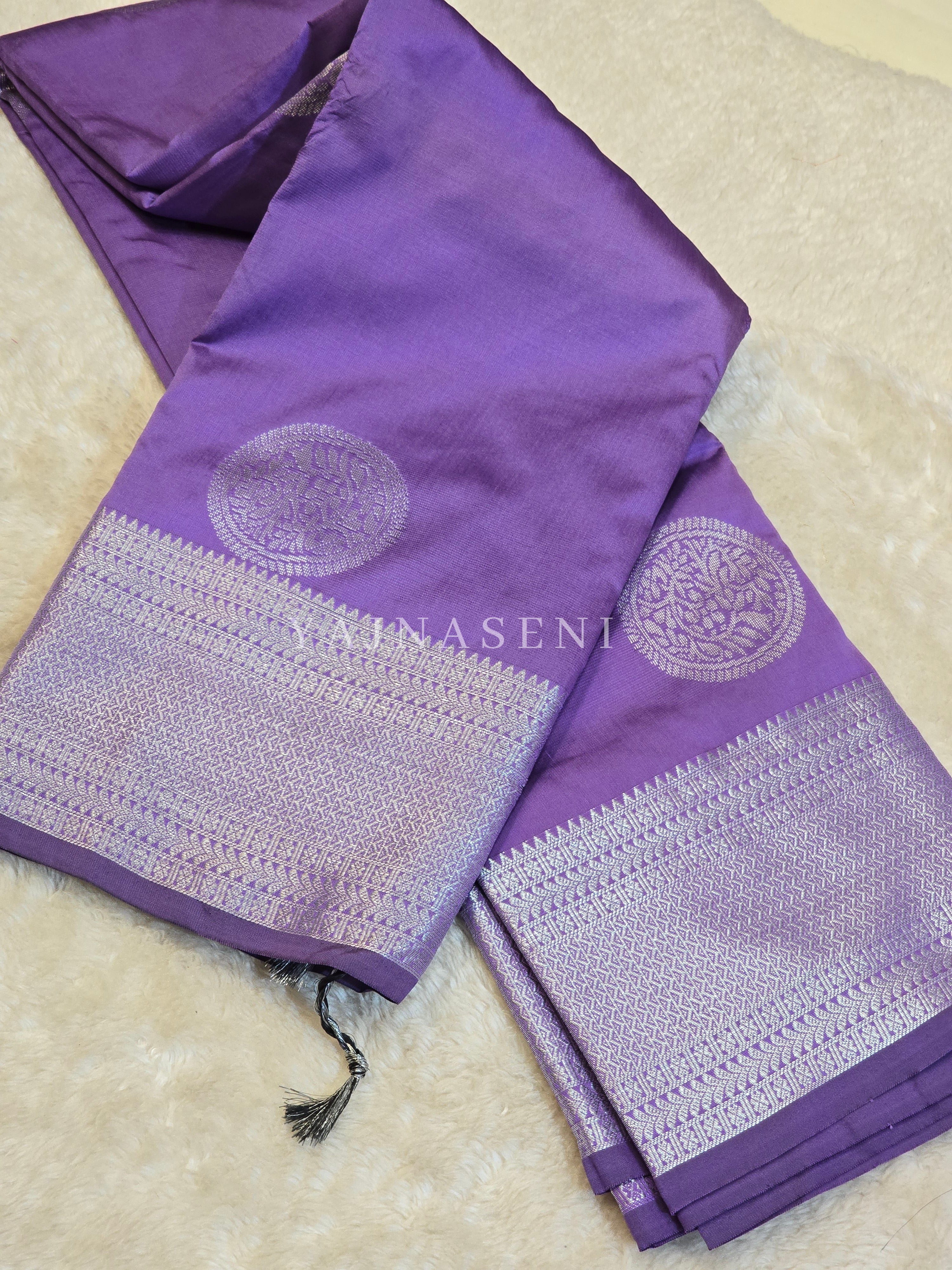Semi Soft Silk Silver Zari Saree - Dark Lavender