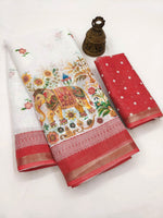 Load image into Gallery viewer, Printed Linen Cotton Saree x Elephants x Floral : White x Pastel Red
