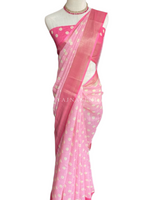 Load image into Gallery viewer, Linen cotton saree with gold zari x Polka dots : Pink

