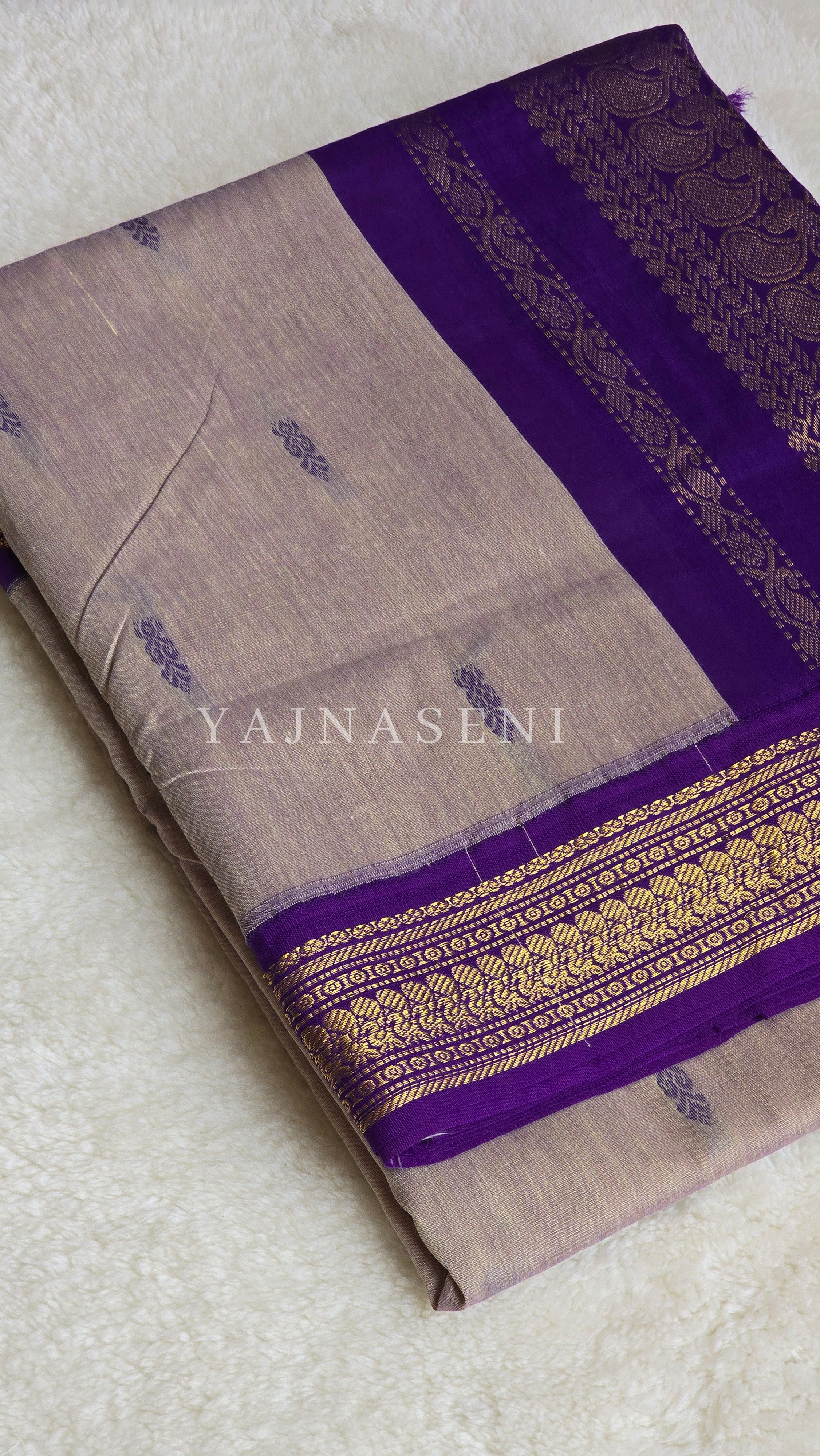 Kalyani Cotton Saree - Gold Zari : Grey x Violet