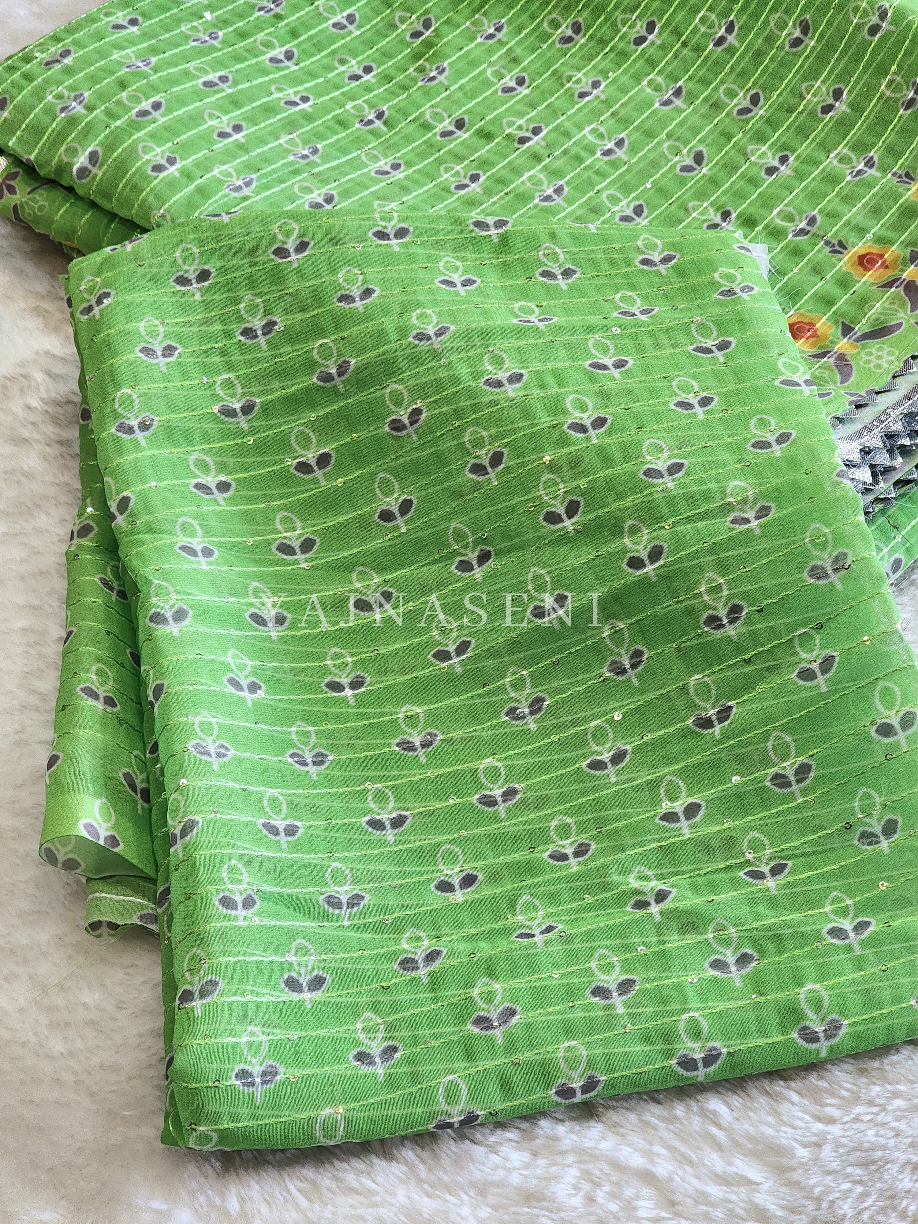 Sequins x Printed Georgette Saree - Lime