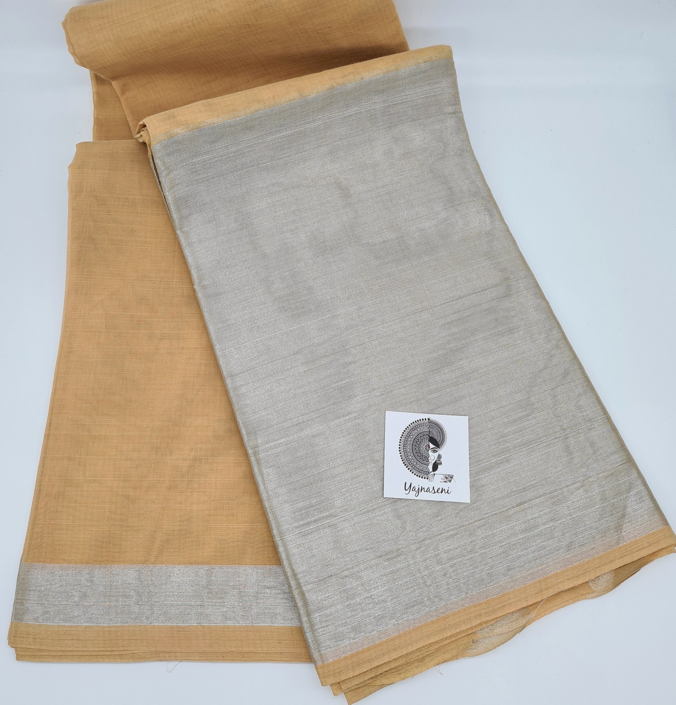 Cotton Saree with Big Silver Zari Border - Latte