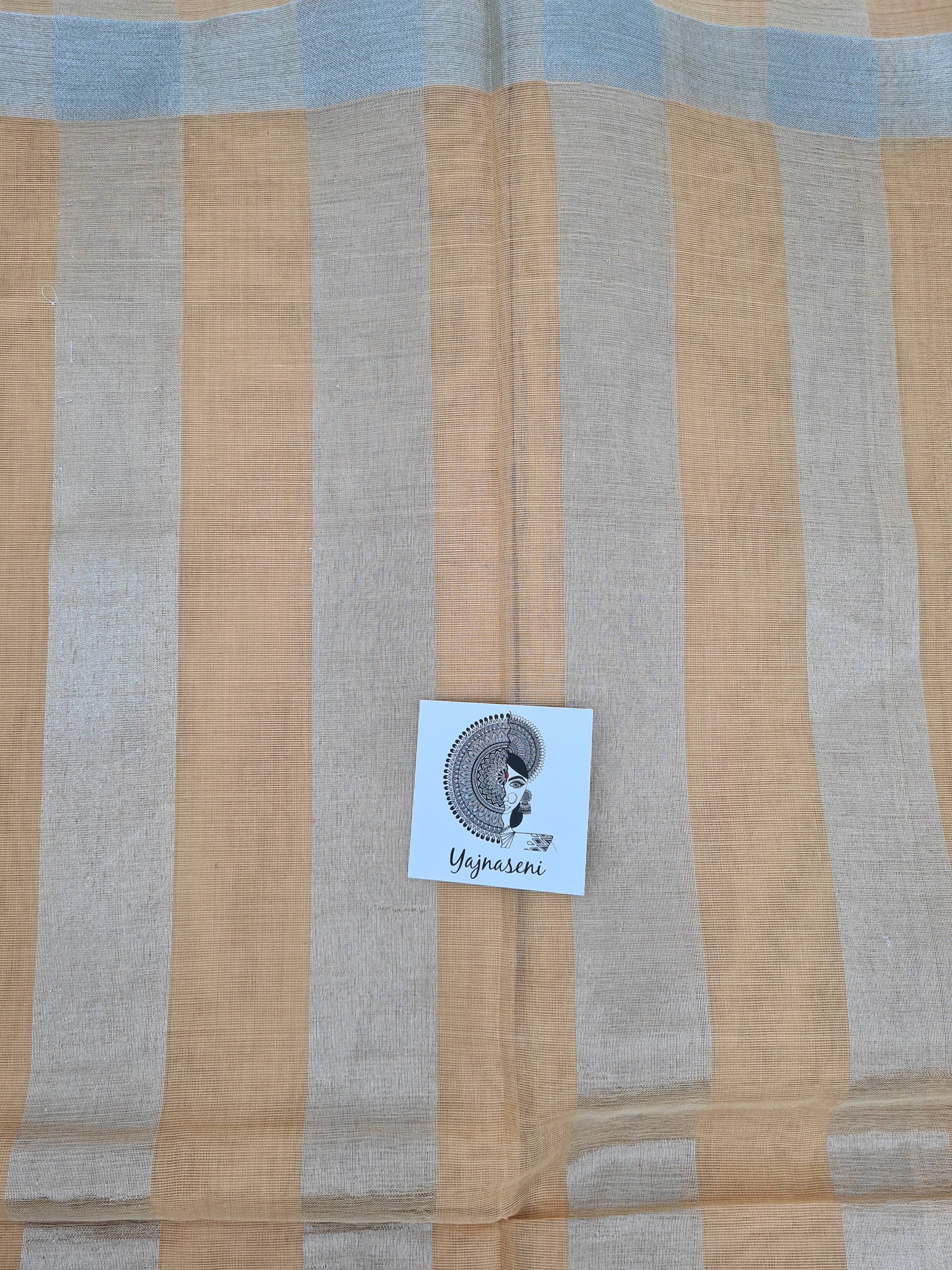 Cotton Saree with Big Silver Zari Border - Latte