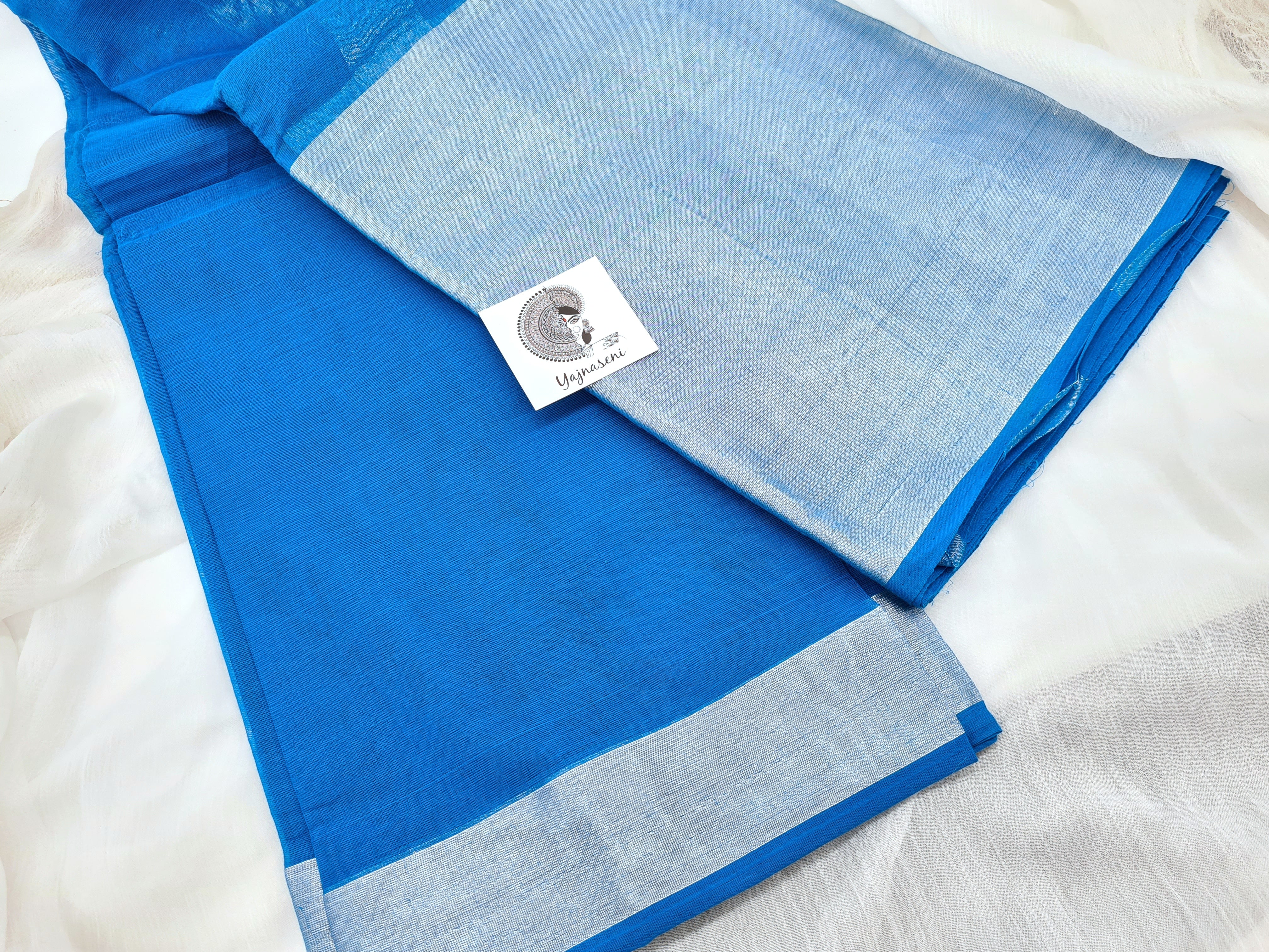 Cotton Saree with Big Silver Zari Border - Sky