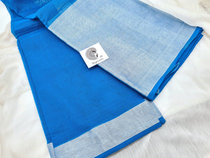 Cotton Saree with Big Silver Zari Border - Sky