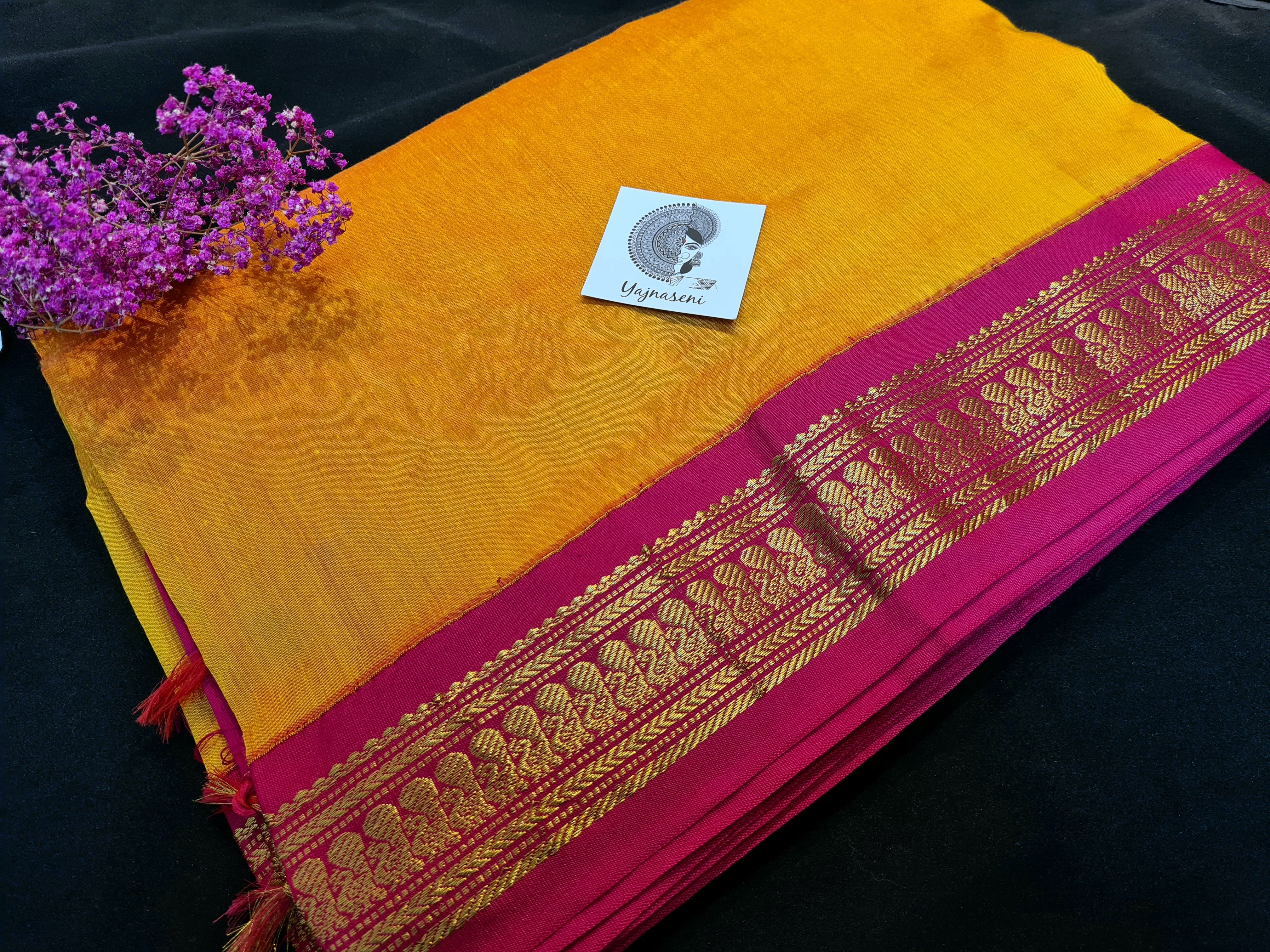 Kalyani Cotton Saree - Sandalwood with Pink