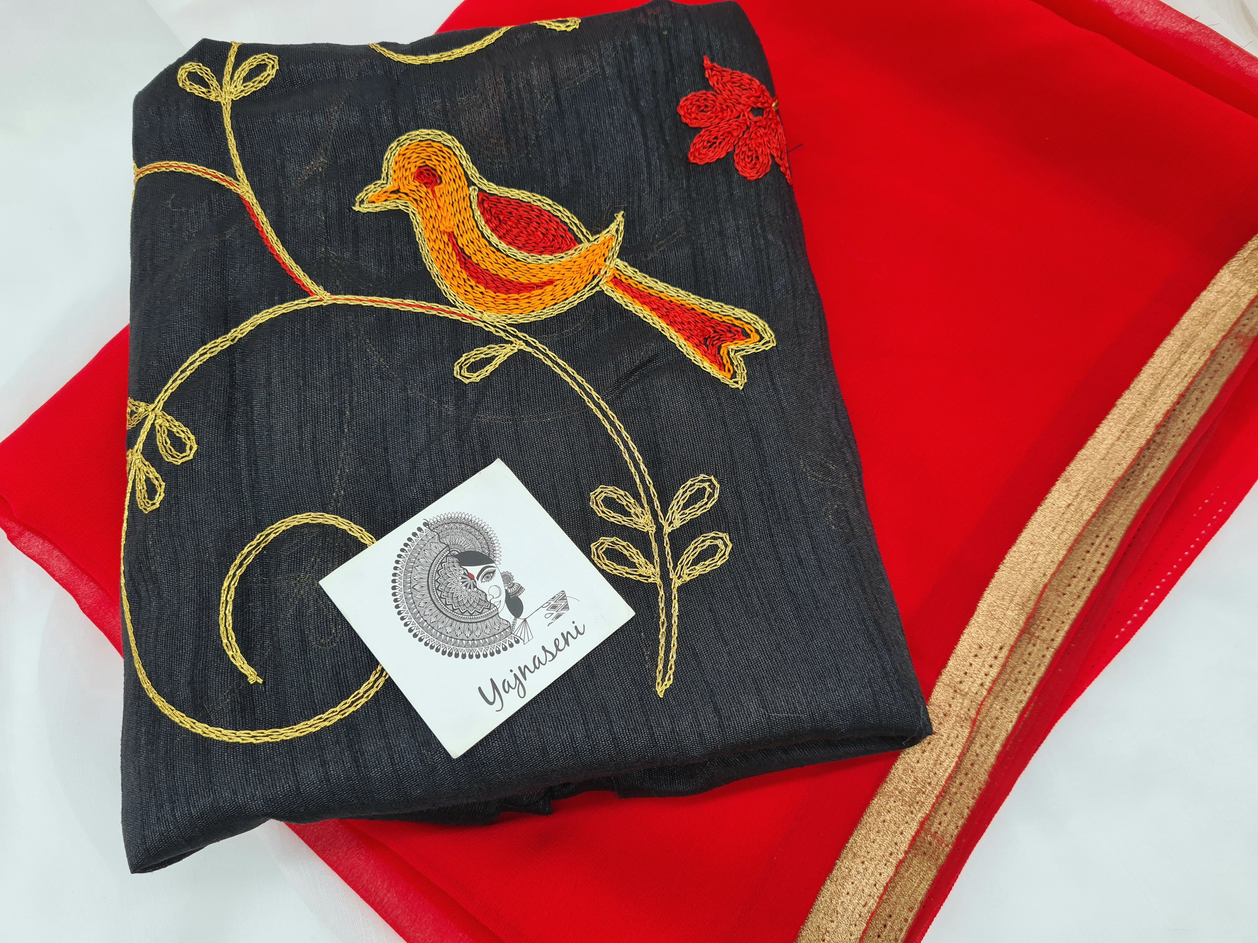 Red Chiffon with embroidered blouse