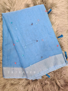 Mirror work on semi linen saree - Blue