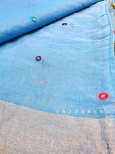 Mirror work on semi linen saree - Blue