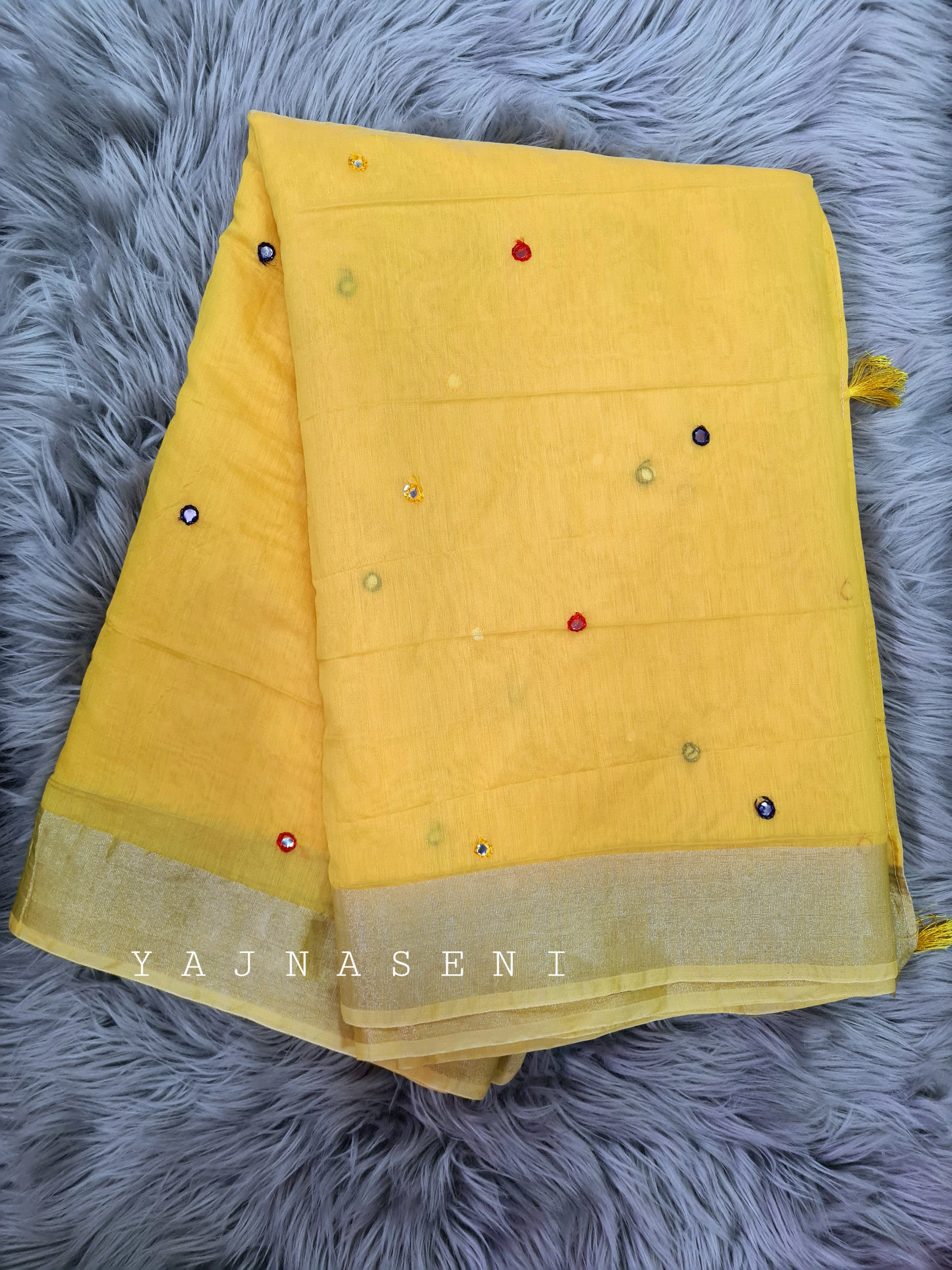 Mirror work on semi linen saree - Yellow