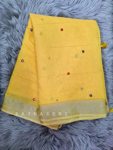 Mirror work on semi linen saree - Yellow