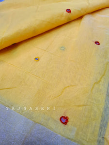 Mirror work on semi linen saree - Yellow