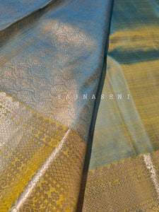 Cerulean x Mustard- Pure Kanjivaram Silk Saree with White Gold Zari