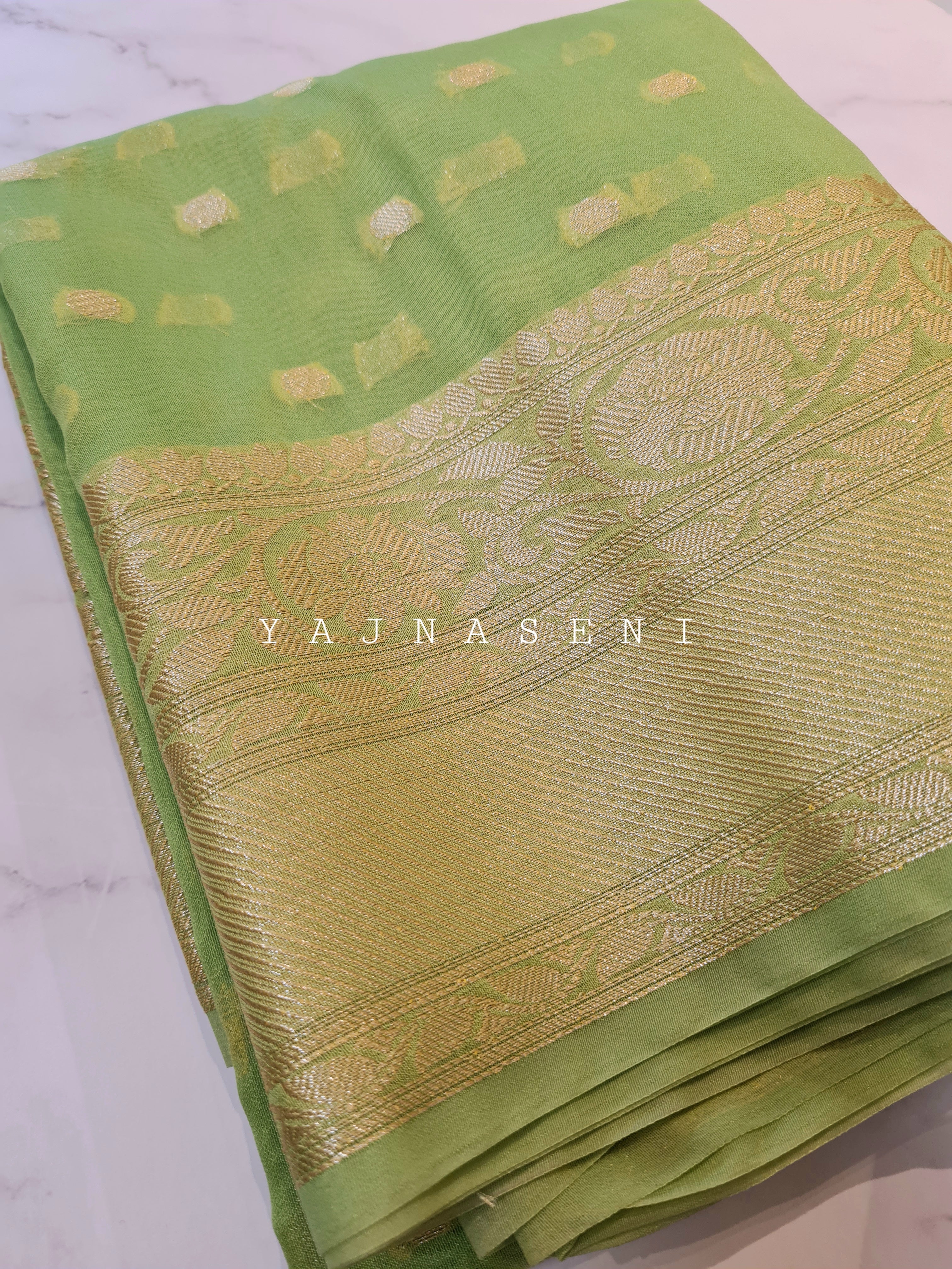SilverGold Banarasi x SemiGeorgette Saree - Green