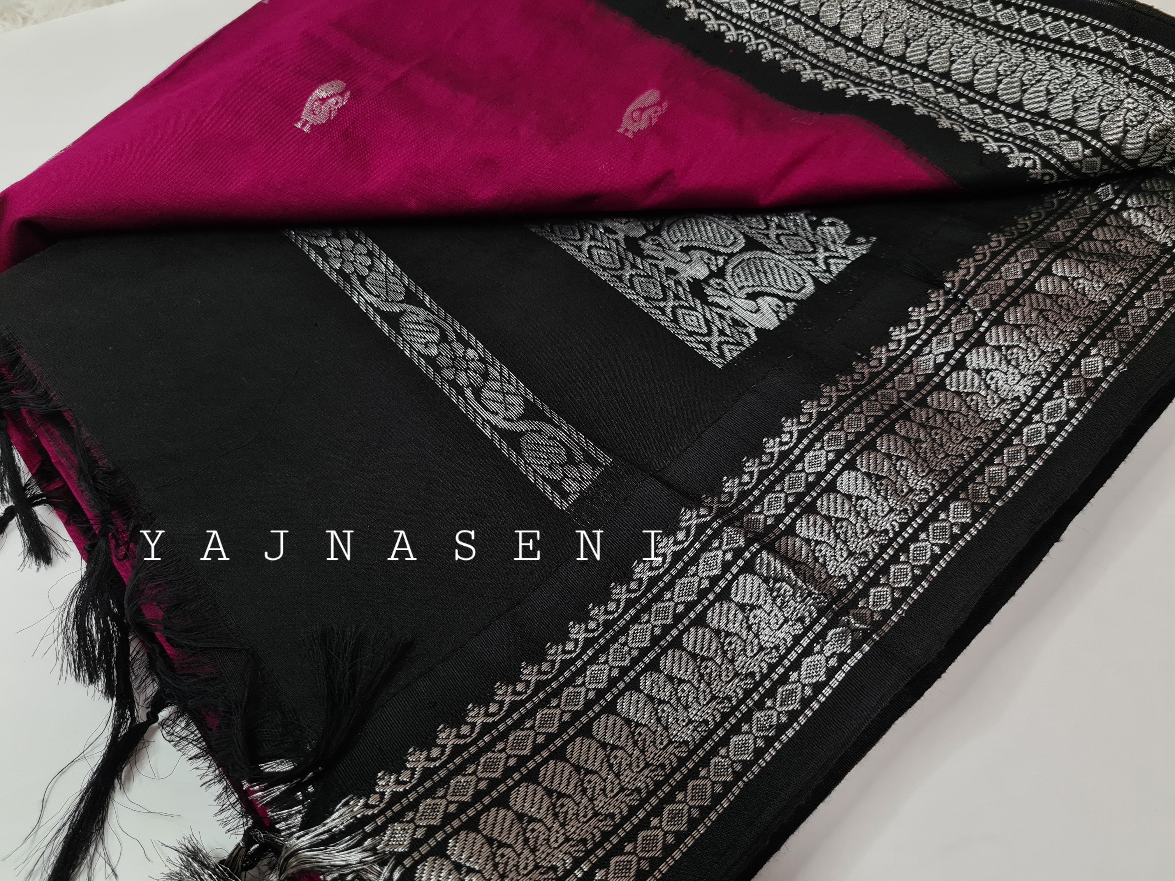 Kalyani Cotton Saree - Silver Zari : Magenta x Black
