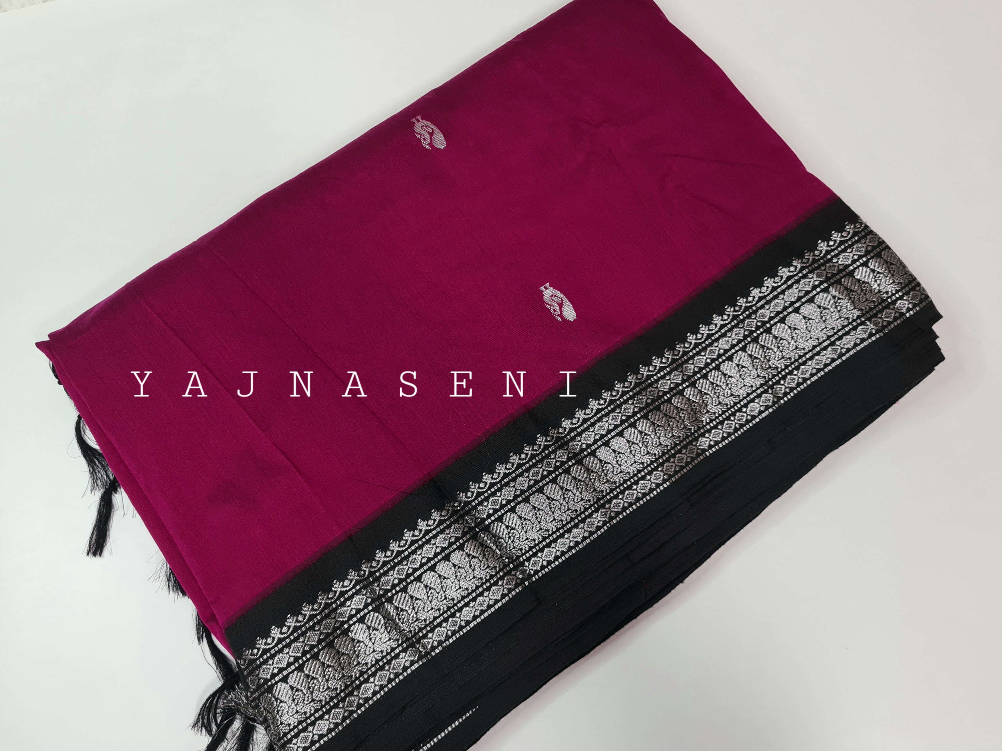 Kalyani Cotton Saree - Silver Zari : Magenta x Black