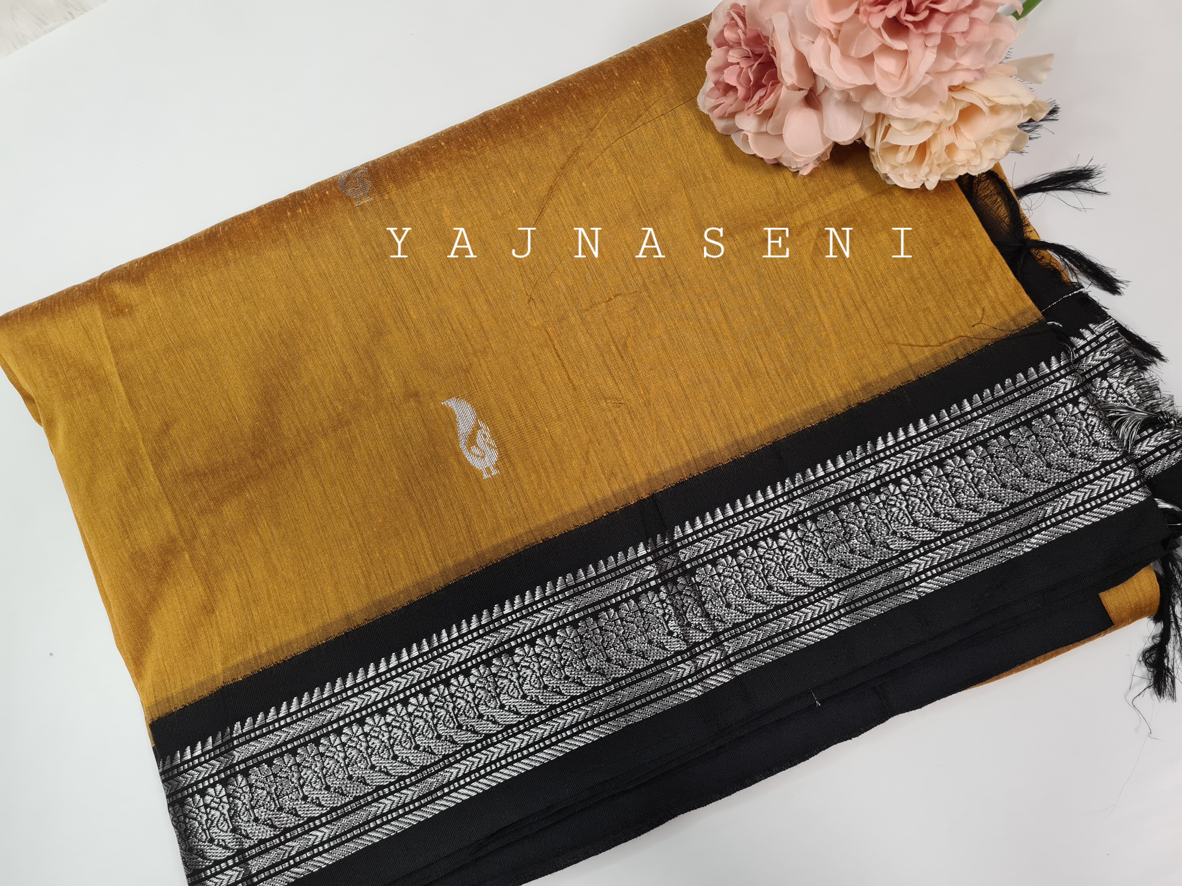Kalyani Cotton Saree - Silver Zari : Mustard x Black