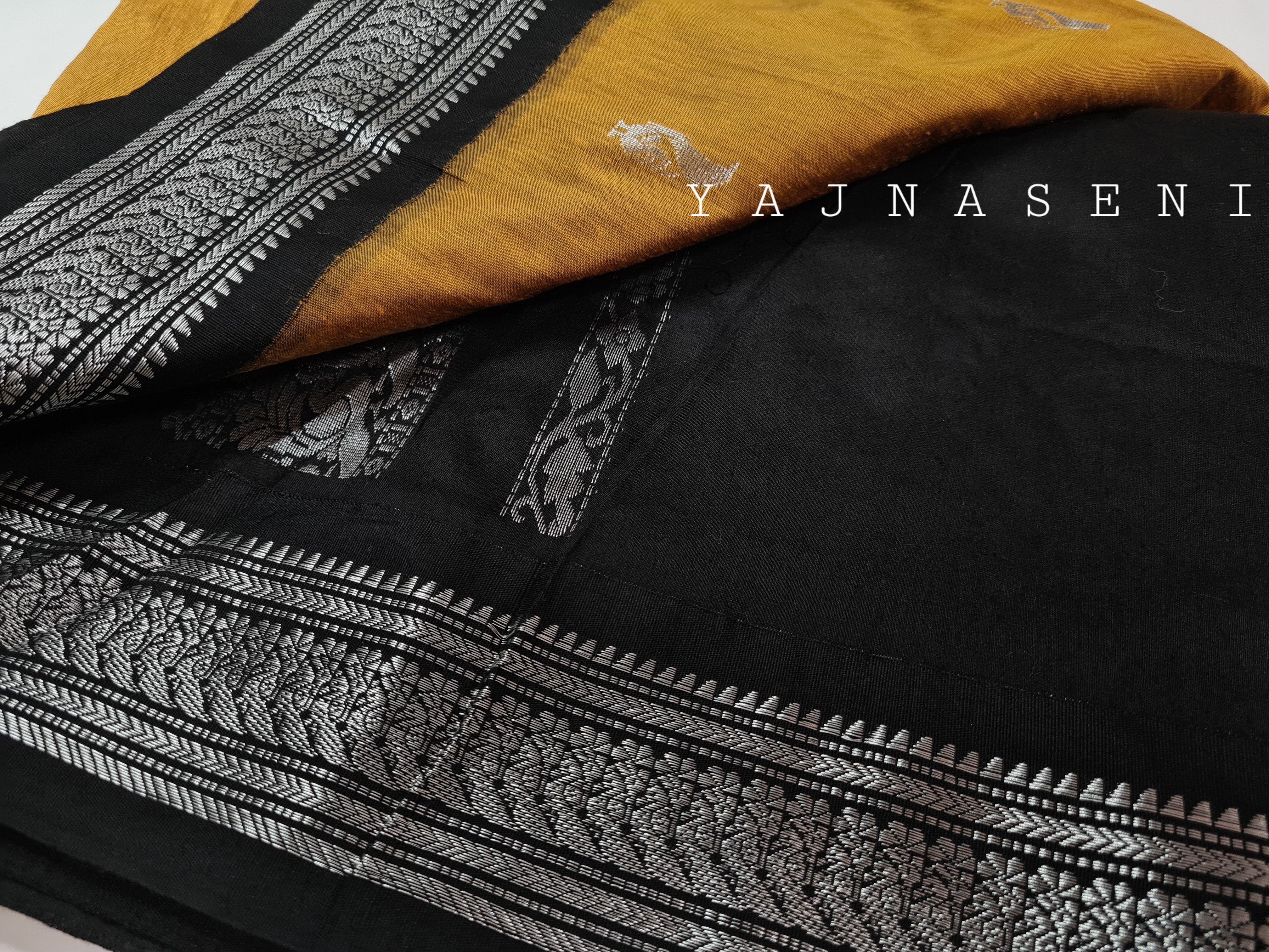 Kalyani Cotton Saree - Silver Zari : Mustard x Black