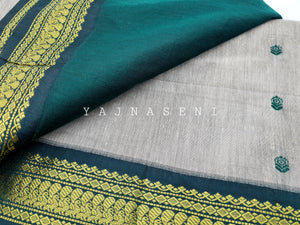 Kalyani Cotton Saree - Ash Grey with Dark Green (with butta)