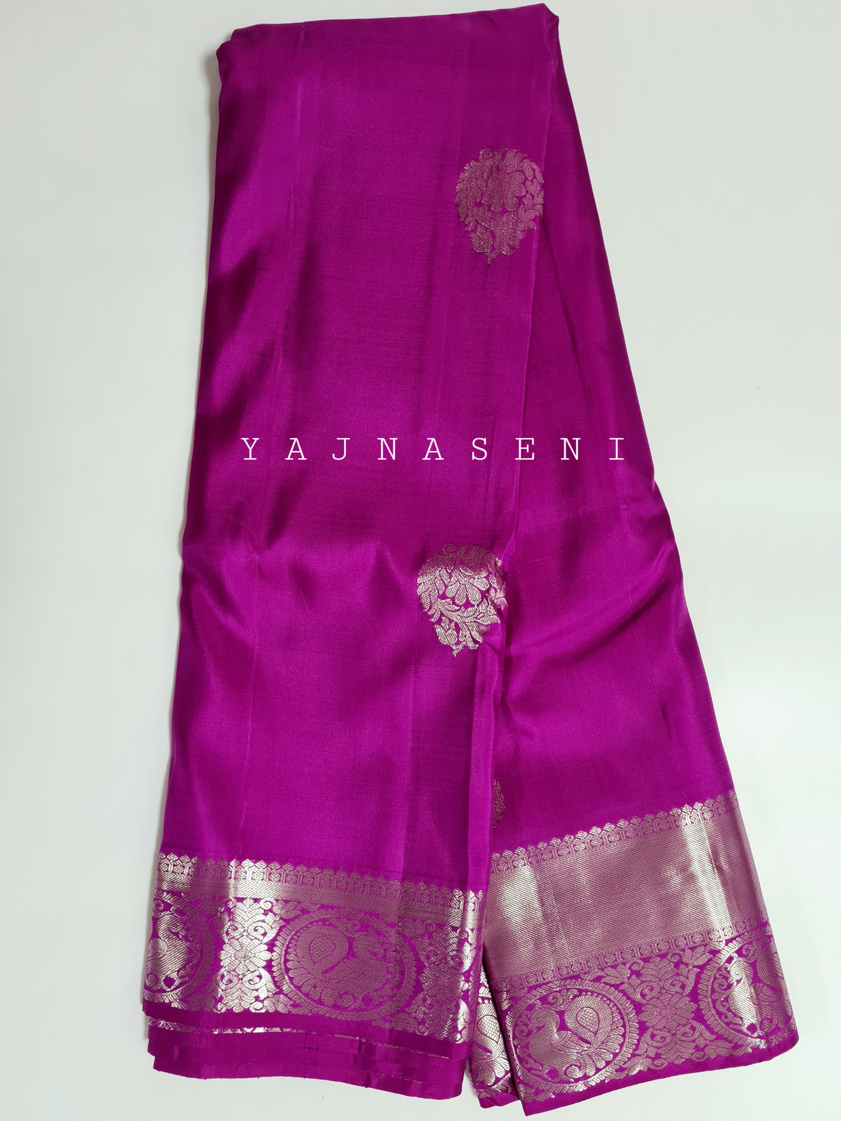 Magenta - Pure Kanjivaram Silk Saree with White Gold Zari