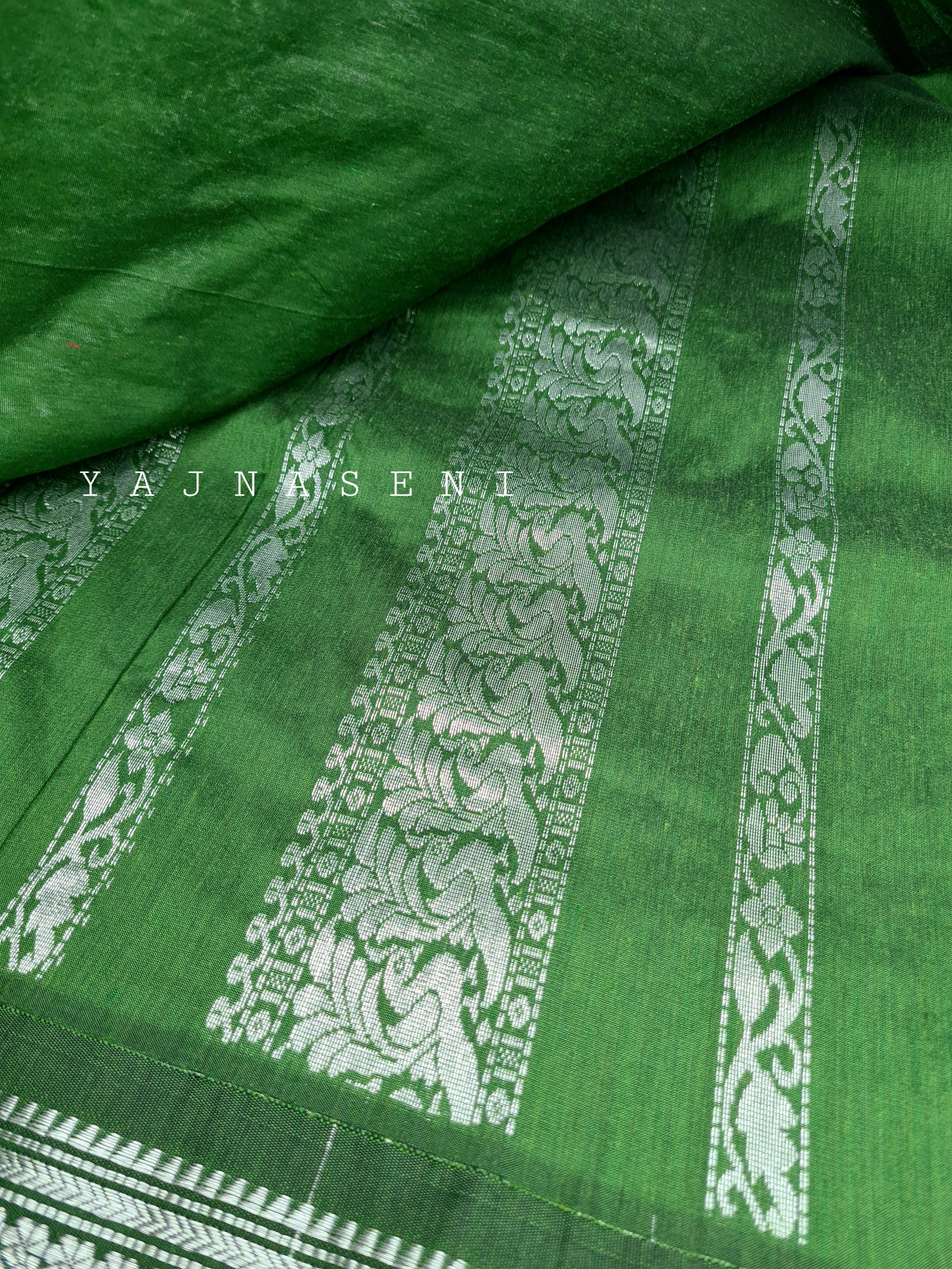 Kalyani Cotton Saree - Silver Zari : Forest Green