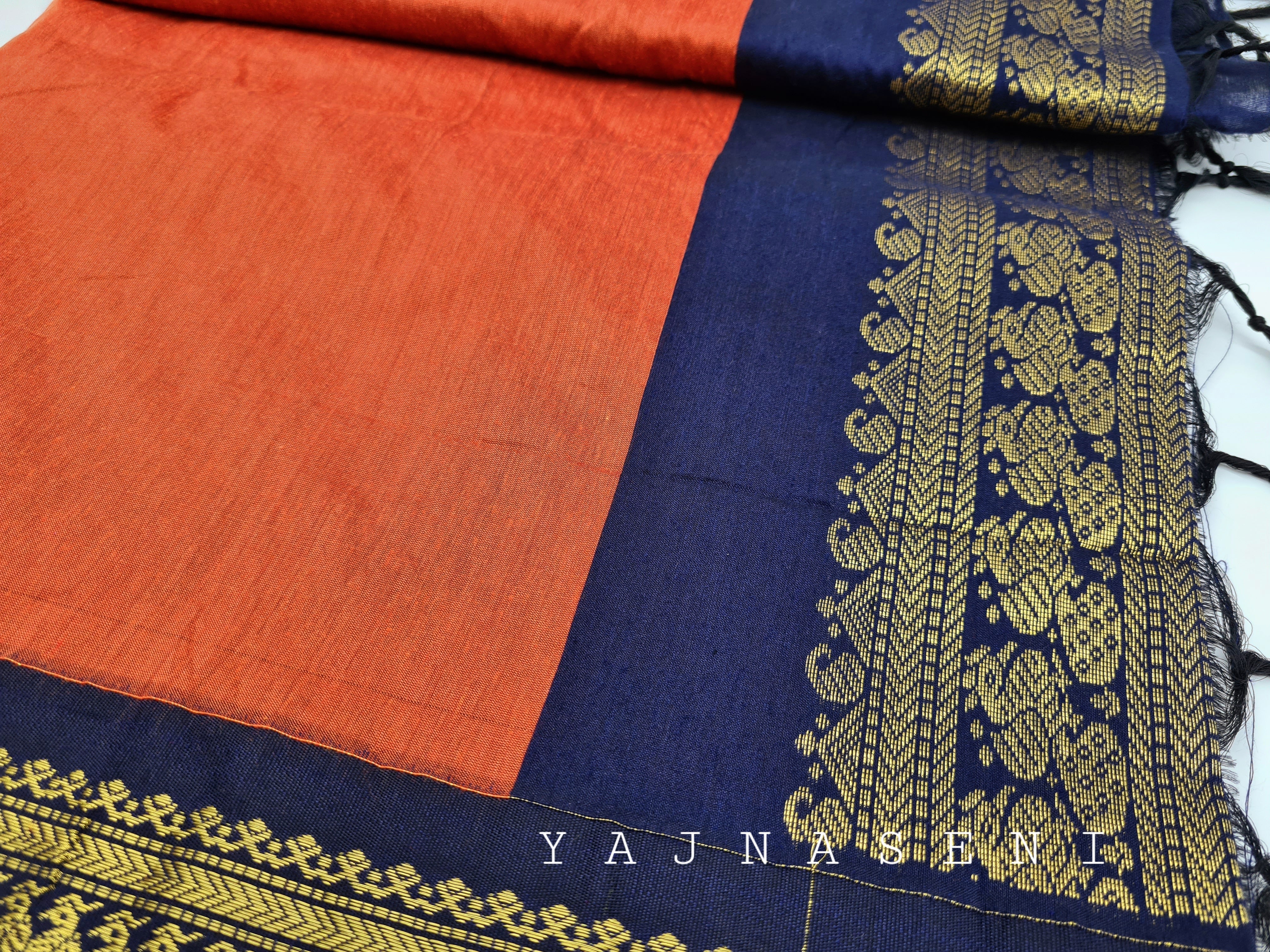 Kalyani Cotton Saree - Orange x Midnight Blue