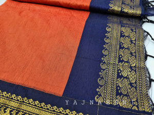 Kalyani Cotton Saree - Orange x Midnight Blue