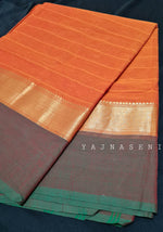 Load image into Gallery viewer, Minimalist Cotton Saree , Temple border Series : Orange x Green
