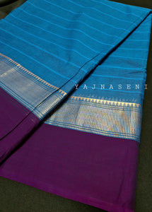 Minimalist Cotton Saree , Temple border Series : Blue x Purple