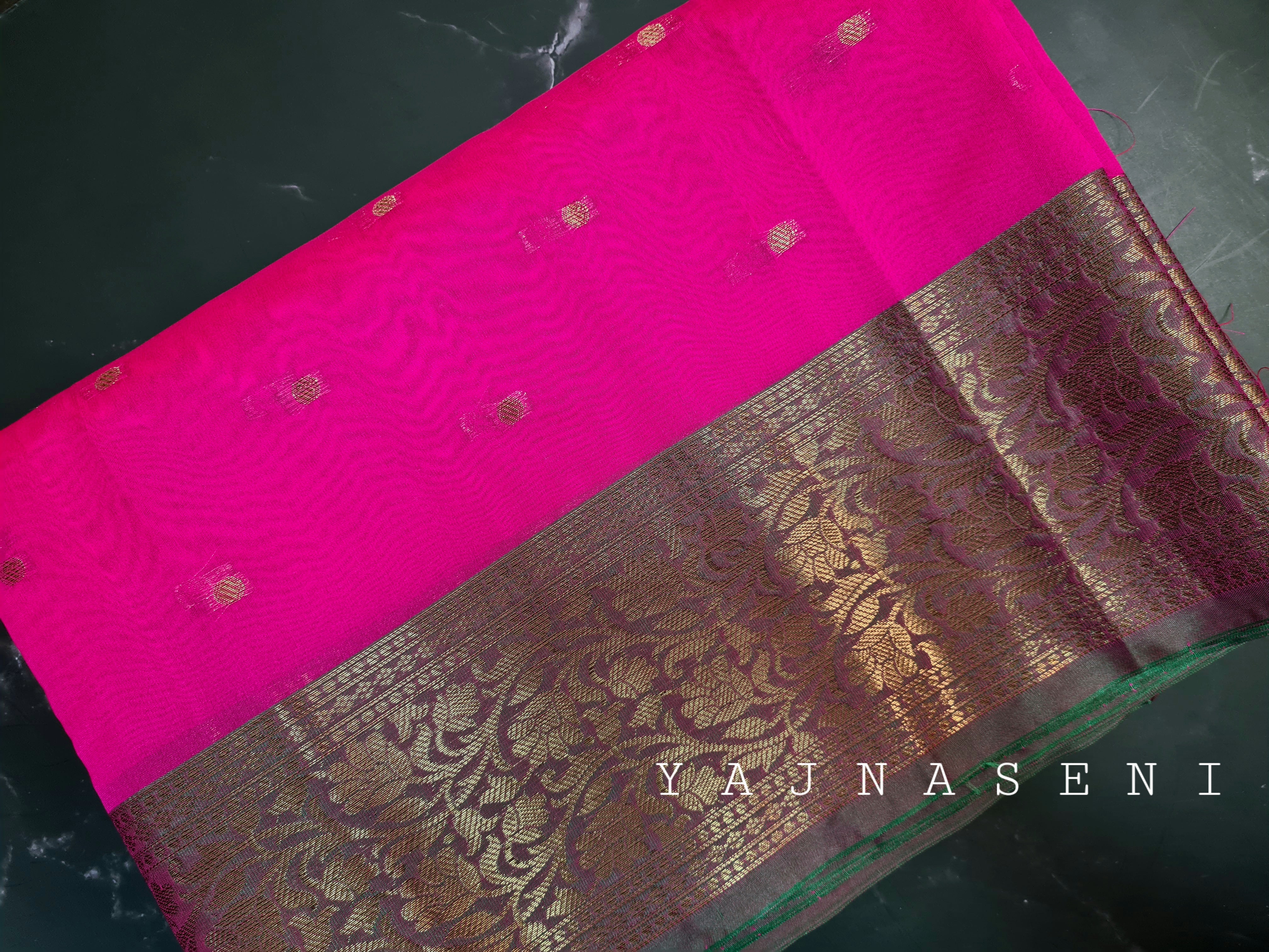 Banarasi , Kora Organza Saree - Hot Pink x Green