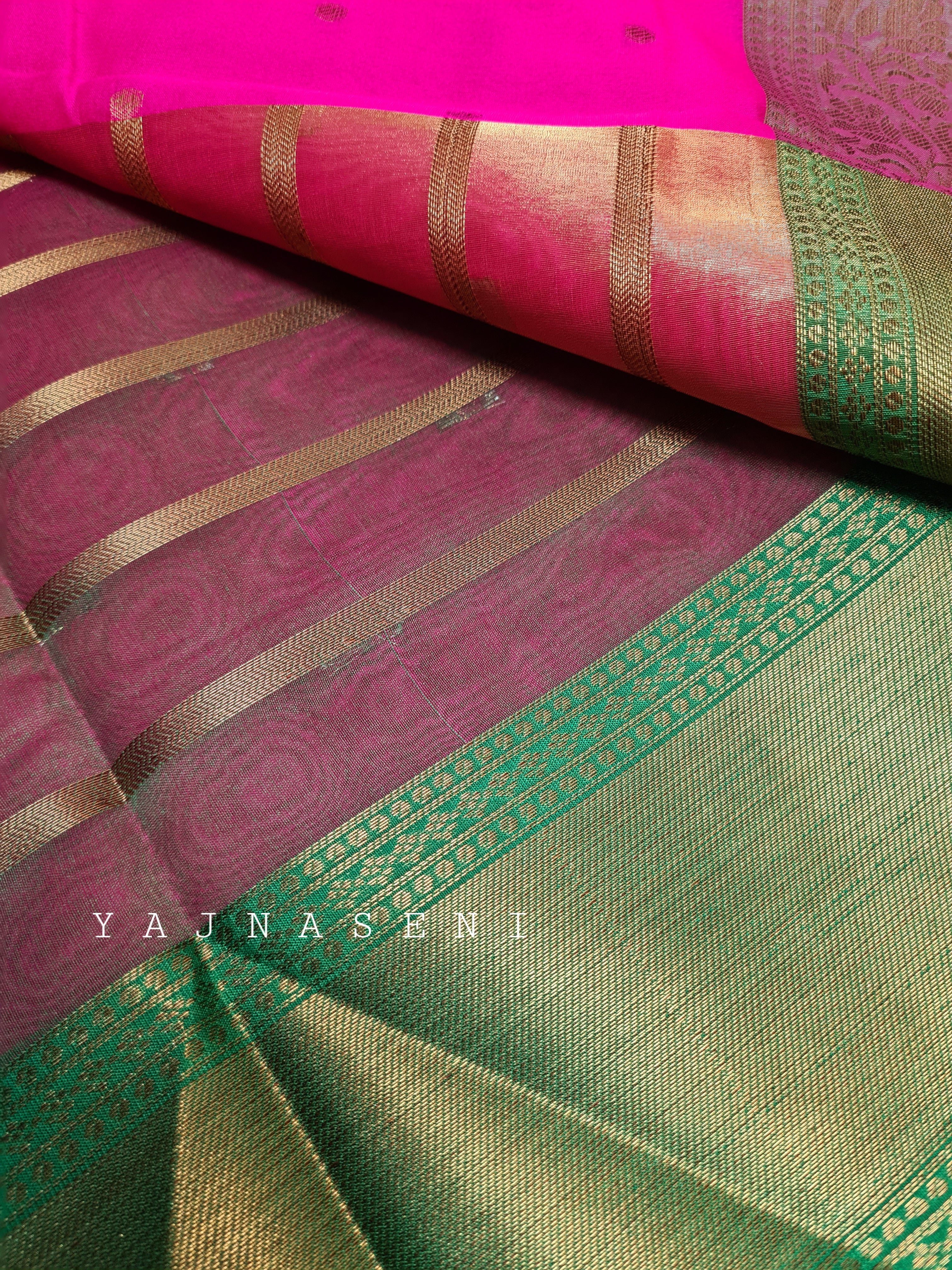 Banarasi , Kora Organza Saree - Hot Pink x Green