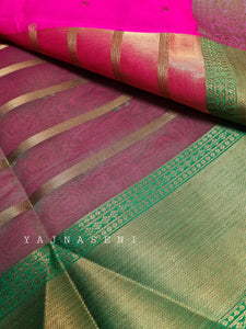 Banarasi , Kora Organza Saree - Hot Pink x Green