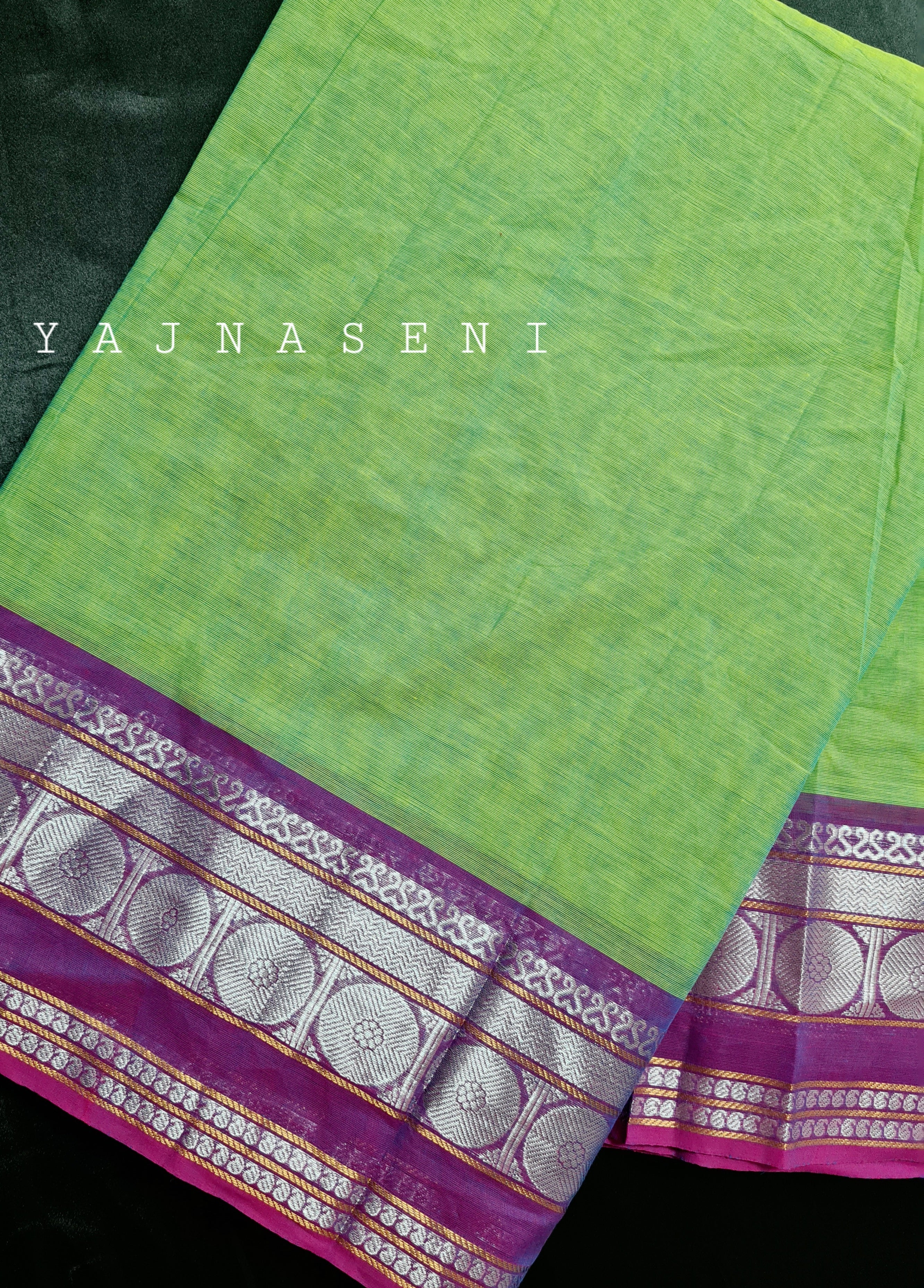 Kanchipuram Pure Cotton saree - Seafoam x Violet (silver zari)