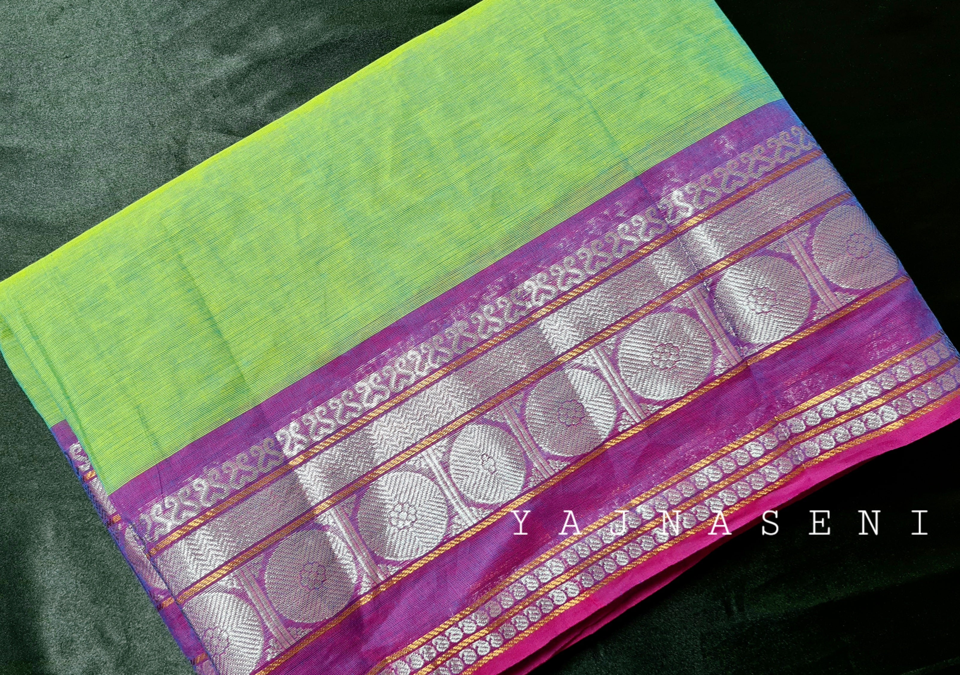 Kanchipuram Pure Cotton saree - Seafoam x Violet (silver zari)