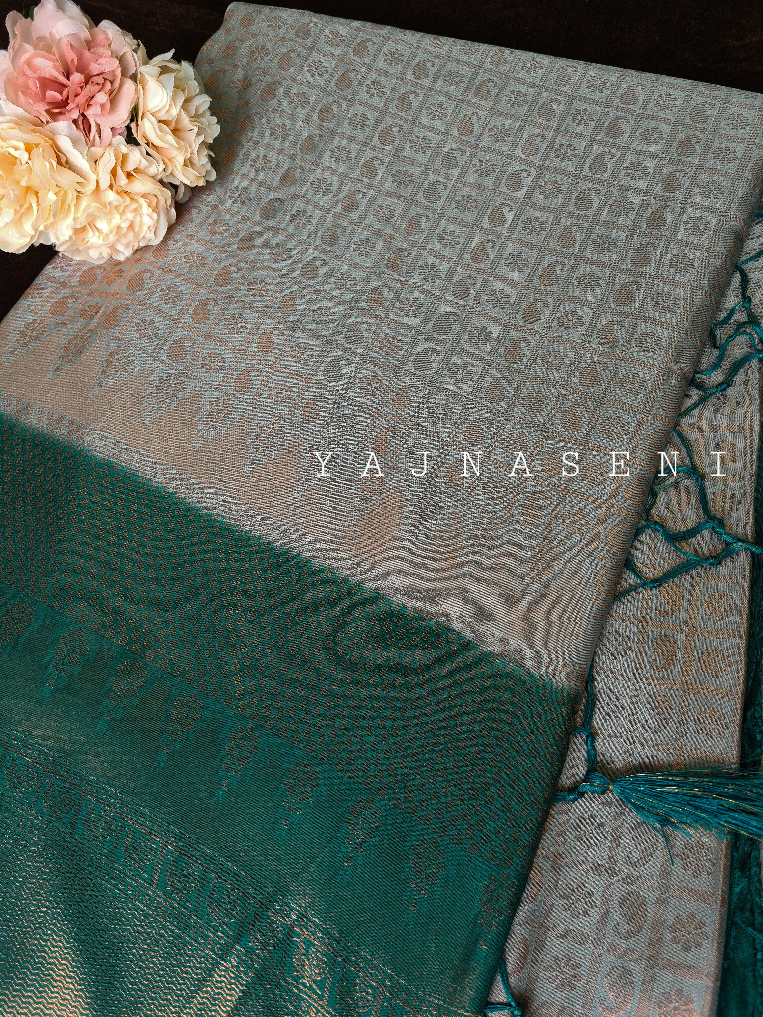Banarasi Soft Silk Copper Zari Saree - Powder Blue x Teal