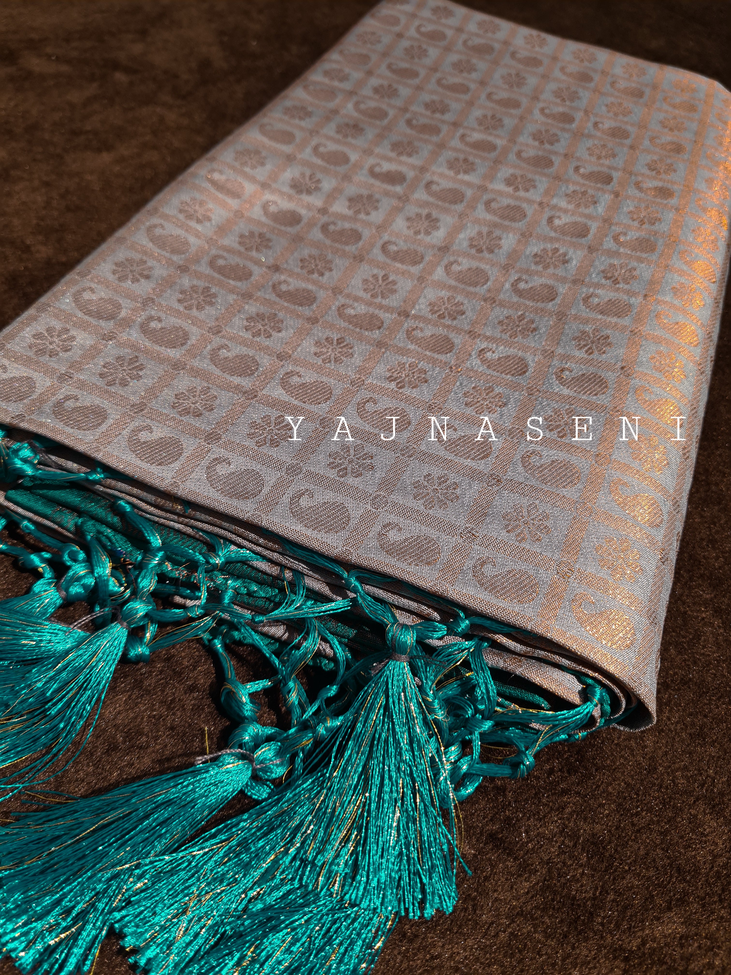 Banarasi Soft Silk Copper Zari Saree - Powder Blue x Teal