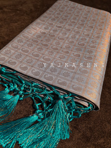 Banarasi Soft Silk Copper Zari Saree - Powder Blue x Teal