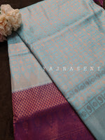 Load image into Gallery viewer, Banarasi Soft Silk Copper Zari Saree - Sky Blue x Plum

