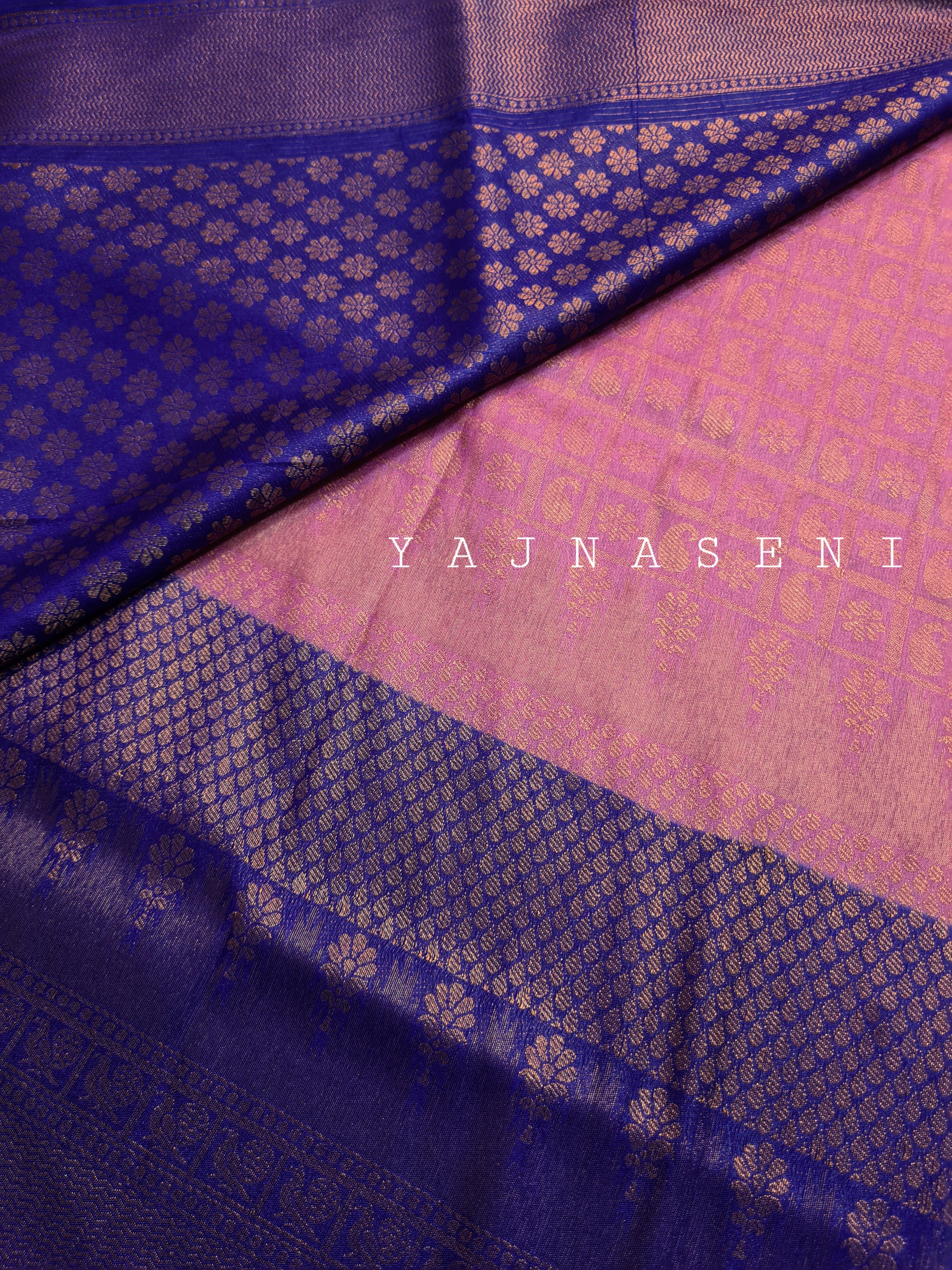 Banarasi Soft Silk Copper Zari Saree - Carnation Pink x Persian Blue